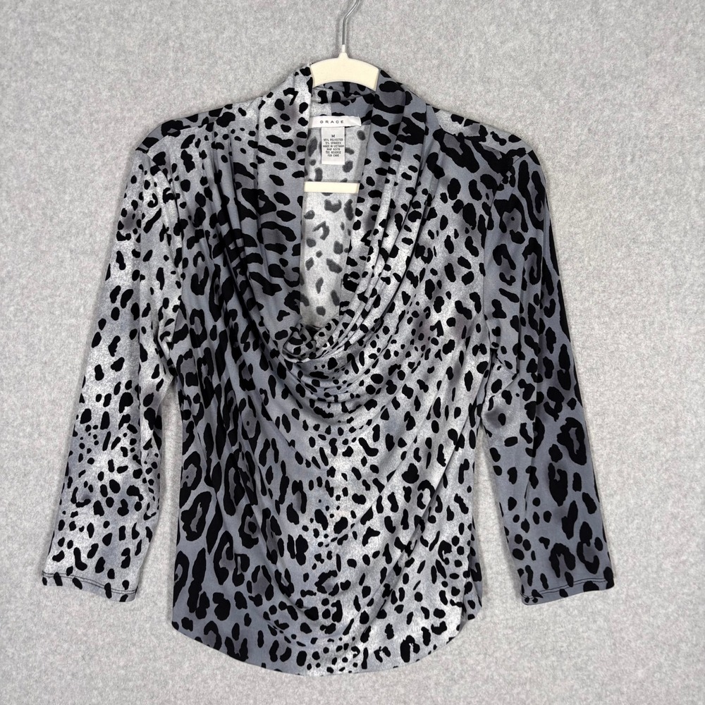 Grace Cowl Neck Top Medium Gray Leopard Print Metallic Shimmer Glam Blouse
